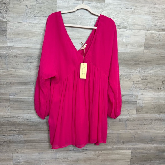 NWT Anthropologie Let Me Be Fuchsia Pink V-Neck Babydoll Mini Dress - Large - Picture 4 of 10